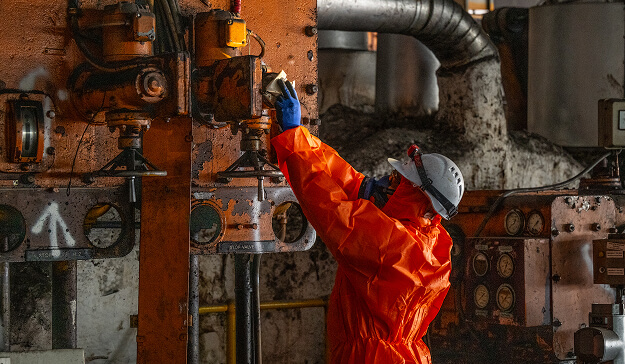 A person in orange hazmat gear at work