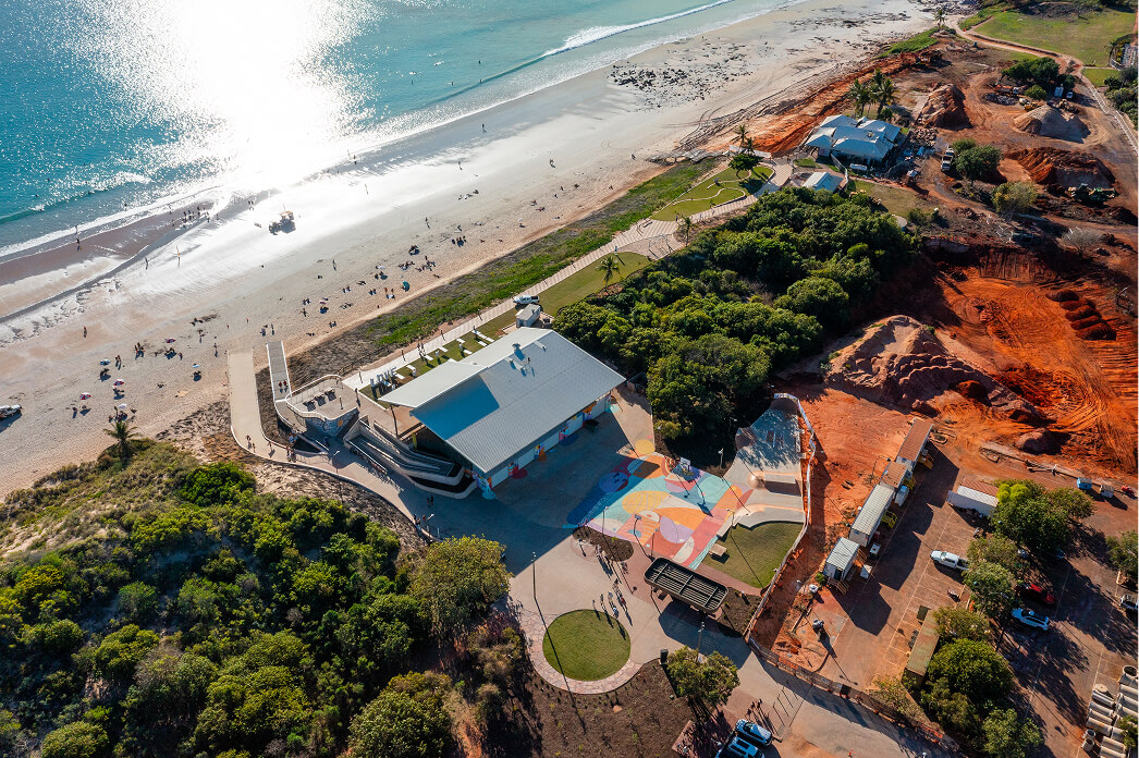 An aerial photo of a coastal location